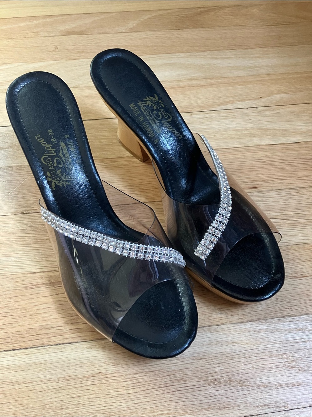 Vintage 60s Island Slipper Clear Rhinestone Wooden Pinup Peeptoe Slide Mule Heel